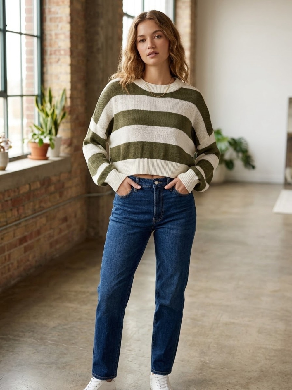 Madewell Olive and White Striped Cropped Sweater